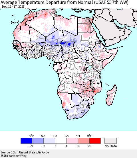 Africa Average Temperature Departure from Normal (USAF 557th WW) Thematic Map For 12/11/2023 - 12/17/2023
