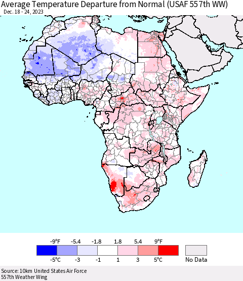Africa Average Temperature Departure from Normal (USAF 557th WW) Thematic Map For 12/18/2023 - 12/24/2023