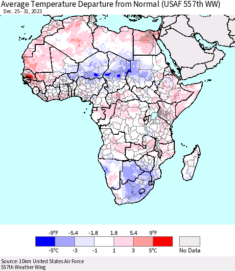 Africa Average Temperature Departure from Normal (USAF 557th WW) Thematic Map For 12/25/2023 - 12/31/2023