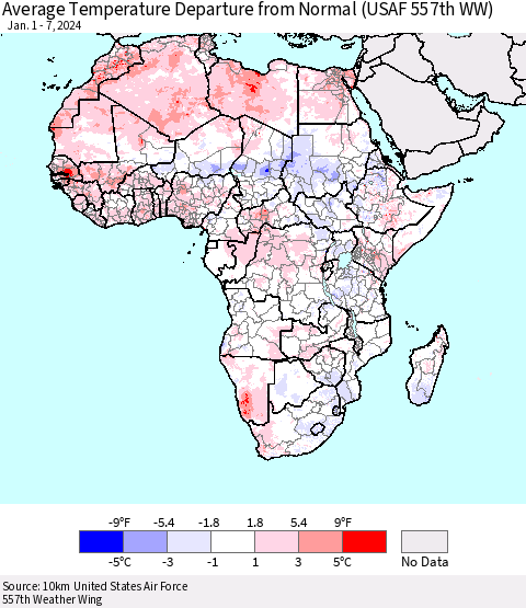 Africa Average Temperature Departure from Normal (USAF 557th WW) Thematic Map For 1/1/2024 - 1/7/2024