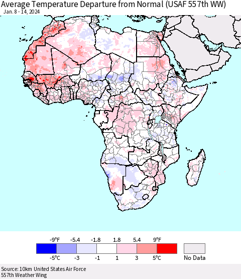 Africa Average Temperature Departure from Normal (USAF 557th WW) Thematic Map For 1/8/2024 - 1/14/2024