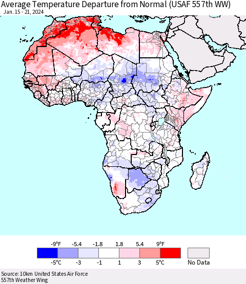 Africa Average Temperature Departure from Normal (USAF 557th WW) Thematic Map For 1/15/2024 - 1/21/2024