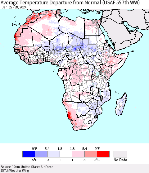Africa Average Temperature Departure from Normal (USAF 557th WW) Thematic Map For 1/22/2024 - 1/28/2024