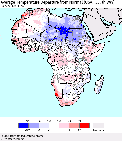 Africa Average Temperature Departure from Normal (USAF 557th WW) Thematic Map For 1/29/2024 - 2/4/2024