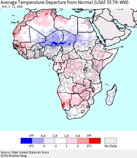 Africa Average Temperature Departure from Normal (USAF 557th WW) Thematic Map For 2/5/2024 - 2/11/2024