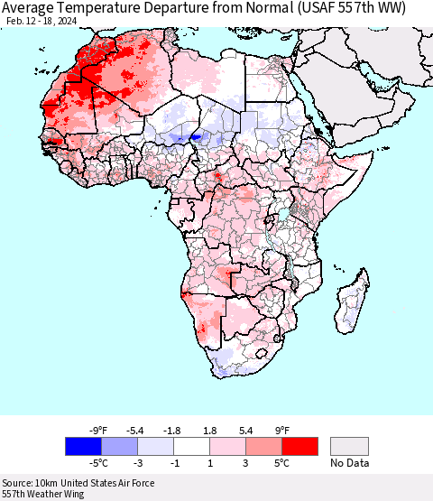 Africa Average Temperature Departure from Normal (USAF 557th WW) Thematic Map For 2/12/2024 - 2/18/2024