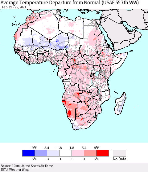 Africa Average Temperature Departure from Normal (USAF 557th WW) Thematic Map For 2/19/2024 - 2/25/2024