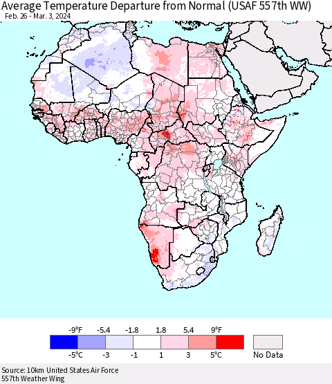Africa Average Temperature Departure from Normal (USAF 557th WW) Thematic Map For 2/26/2024 - 3/3/2024