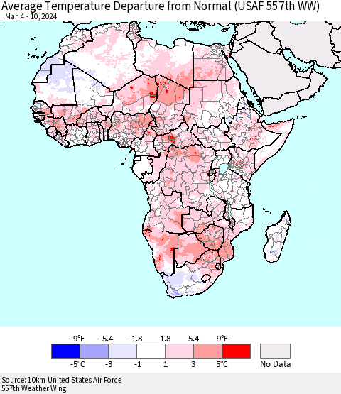 Africa Average Temperature Departure from Normal (USAF 557th WW) Thematic Map For 3/4/2024 - 3/10/2024