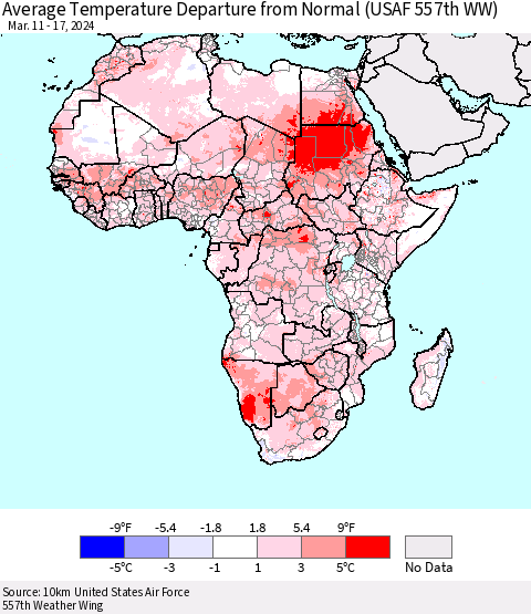 Africa Average Temperature Departure from Normal (USAF 557th WW) Thematic Map For 3/11/2024 - 3/17/2024