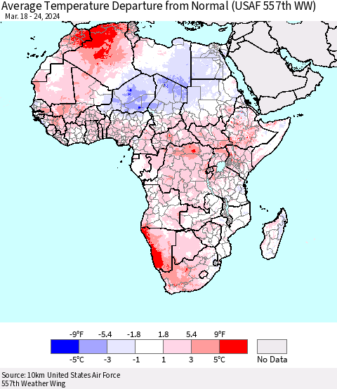 Africa Average Temperature Departure from Normal (USAF 557th WW) Thematic Map For 3/18/2024 - 3/24/2024