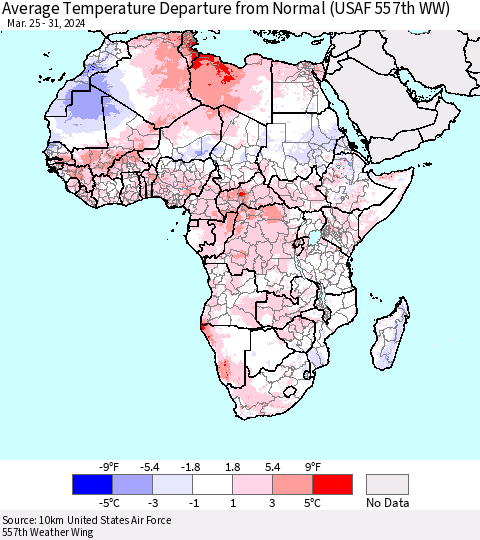 Africa Average Temperature Departure from Normal (USAF 557th WW) Thematic Map For 3/25/2024 - 3/31/2024