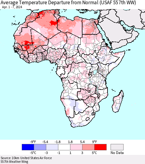 Africa Average Temperature Departure from Normal (USAF 557th WW) Thematic Map For 4/1/2024 - 4/7/2024