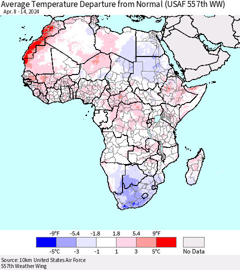Africa Average Temperature Departure from Normal (USAF 557th WW) Thematic Map For 4/8/2024 - 4/14/2024