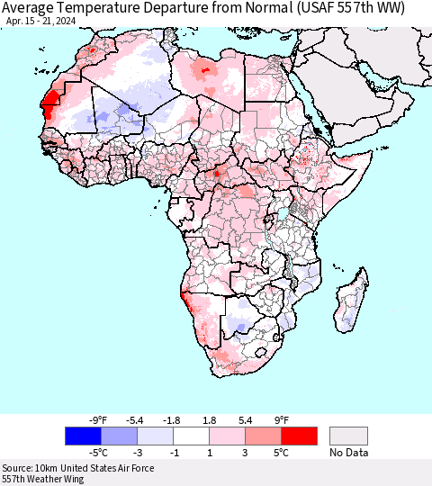 Africa Average Temperature Departure from Normal (USAF 557th WW) Thematic Map For 4/15/2024 - 4/21/2024
