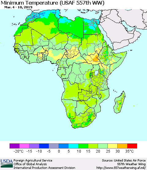 Africa Mean Minimum Temperature (USAF 557th WW) Thematic Map For 3/4/2019 - 3/10/2019