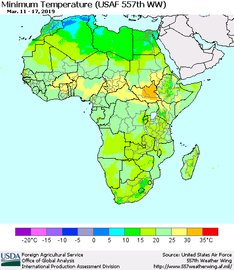 Africa Mean Minimum Temperature (USAF 557th WW) Thematic Map For 3/11/2019 - 3/17/2019