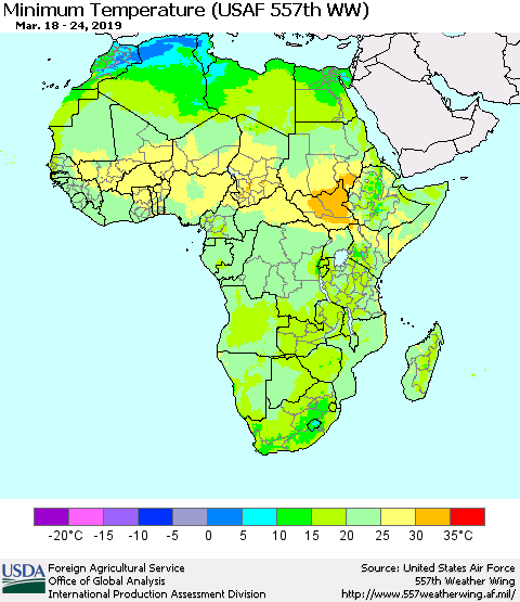Africa Mean Minimum Temperature (USAF 557th WW) Thematic Map For 3/18/2019 - 3/24/2019