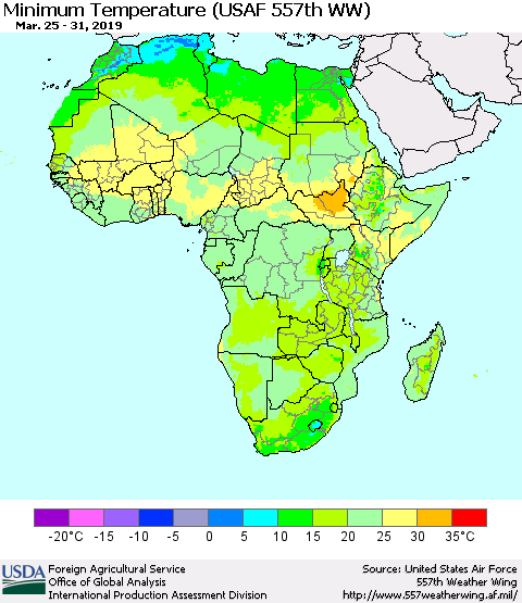 Africa Mean Minimum Temperature (USAF 557th WW) Thematic Map For 3/25/2019 - 3/31/2019