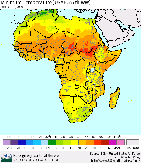 Africa Mean Minimum Temperature (USAF 557th WW) Thematic Map For 4/8/2019 - 4/14/2019
