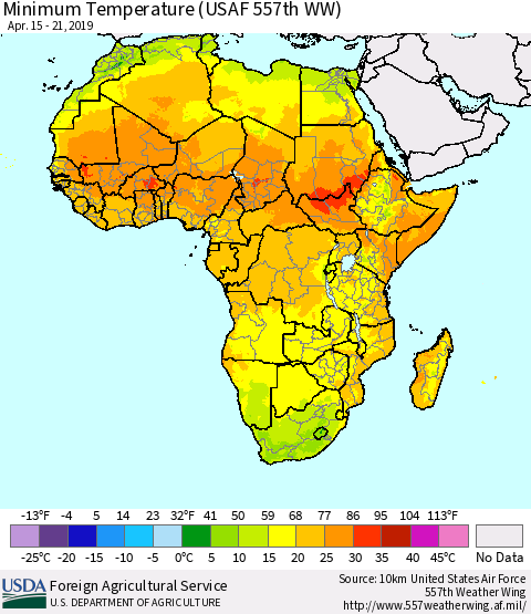 Africa Mean Minimum Temperature (USAF 557th WW) Thematic Map For 4/15/2019 - 4/21/2019
