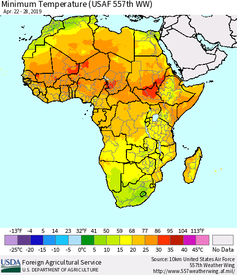 Africa Mean Minimum Temperature (USAF 557th WW) Thematic Map For 4/22/2019 - 4/28/2019