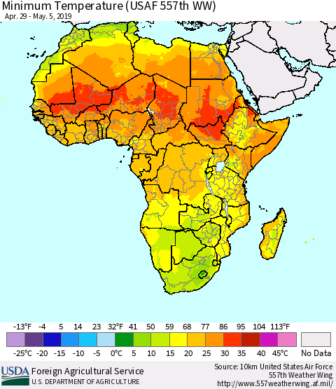 Africa Mean Minimum Temperature (USAF 557th WW) Thematic Map For 4/29/2019 - 5/5/2019