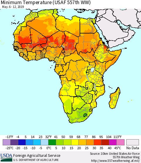 Africa Mean Minimum Temperature (USAF 557th WW) Thematic Map For 5/6/2019 - 5/12/2019