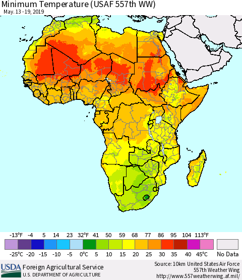 Africa Mean Minimum Temperature (USAF 557th WW) Thematic Map For 5/13/2019 - 5/19/2019