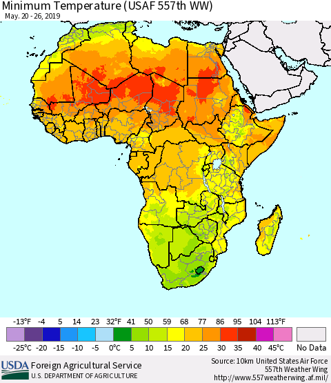 Africa Mean Minimum Temperature (USAF 557th WW) Thematic Map For 5/20/2019 - 5/26/2019