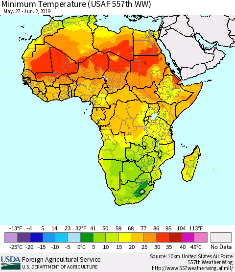 Africa Mean Minimum Temperature (USAF 557th WW) Thematic Map For 5/27/2019 - 6/2/2019