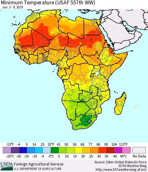 Africa Mean Minimum Temperature (USAF 557th WW) Thematic Map For 6/3/2019 - 6/9/2019