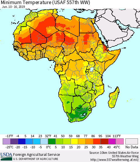 Africa Mean Minimum Temperature (USAF 557th WW) Thematic Map For 6/10/2019 - 6/16/2019