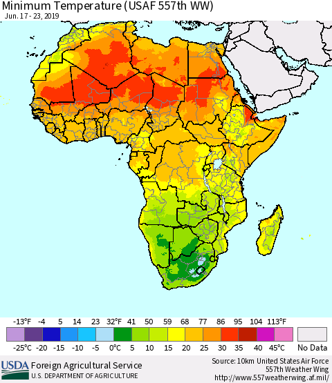 Africa Mean Minimum Temperature (USAF 557th WW) Thematic Map For 6/17/2019 - 6/23/2019