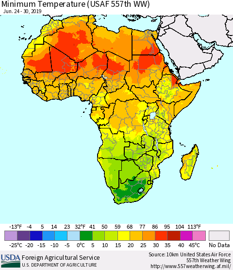 Africa Mean Minimum Temperature (USAF 557th WW) Thematic Map For 6/24/2019 - 6/30/2019