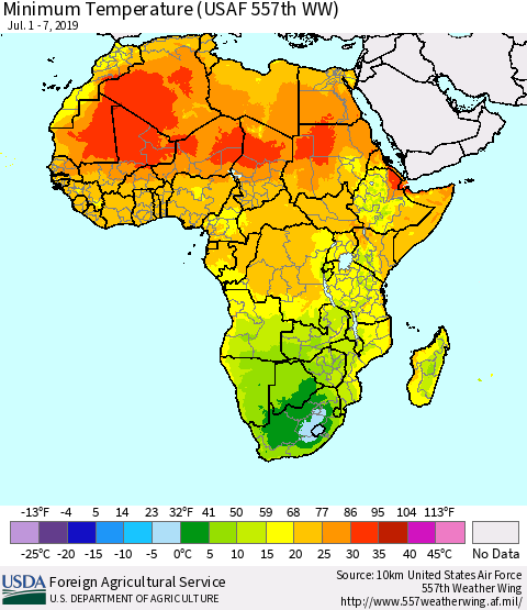 Africa Mean Minimum Temperature (USAF 557th WW) Thematic Map For 7/1/2019 - 7/7/2019