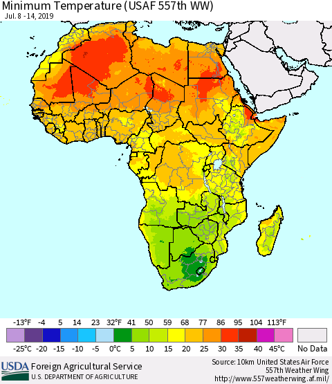 Africa Mean Minimum Temperature (USAF 557th WW) Thematic Map For 7/8/2019 - 7/14/2019