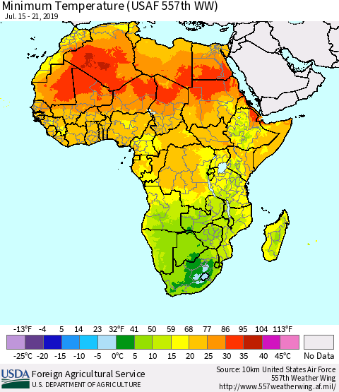 Africa Mean Minimum Temperature (USAF 557th WW) Thematic Map For 7/15/2019 - 7/21/2019