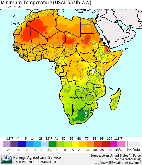 Africa Mean Minimum Temperature (USAF 557th WW) Thematic Map For 7/22/2019 - 7/28/2019