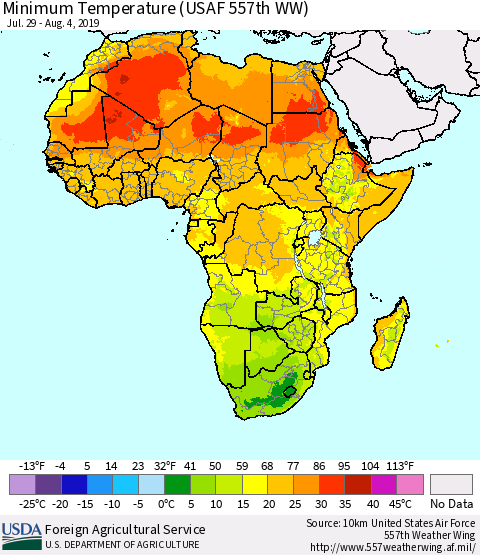 Africa Mean Minimum Temperature (USAF 557th WW) Thematic Map For 7/29/2019 - 8/4/2019