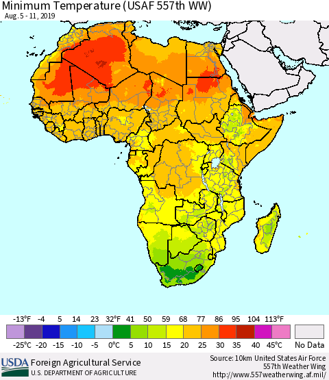 Africa Mean Minimum Temperature (USAF 557th WW) Thematic Map For 8/5/2019 - 8/11/2019