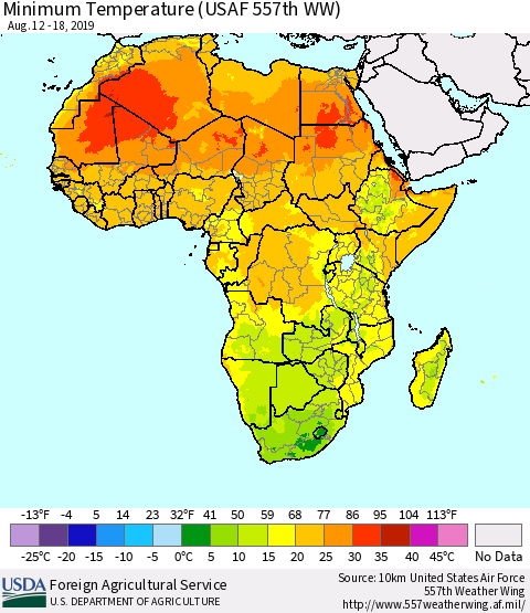 Africa Mean Minimum Temperature (USAF 557th WW) Thematic Map For 8/12/2019 - 8/18/2019