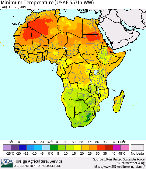 Africa Mean Minimum Temperature (USAF 557th WW) Thematic Map For 8/19/2019 - 8/25/2019