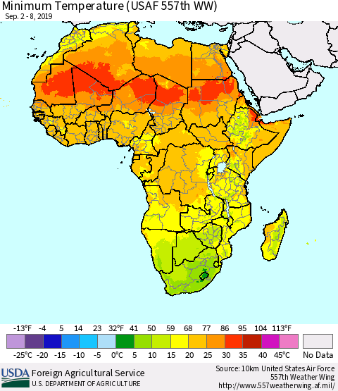 Africa Mean Minimum Temperature (USAF 557th WW) Thematic Map For 9/2/2019 - 9/8/2019