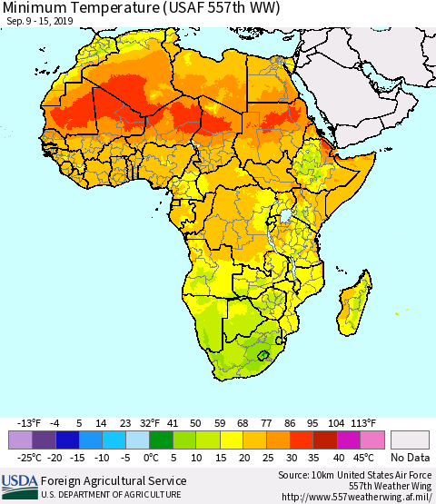 Africa Mean Minimum Temperature (USAF 557th WW) Thematic Map For 9/9/2019 - 9/15/2019