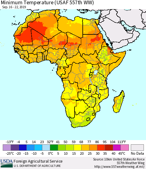 Africa Mean Minimum Temperature (USAF 557th WW) Thematic Map For 9/16/2019 - 9/22/2019
