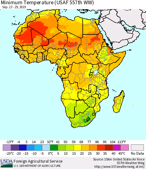Africa Mean Minimum Temperature (USAF 557th WW) Thematic Map For 9/23/2019 - 9/29/2019