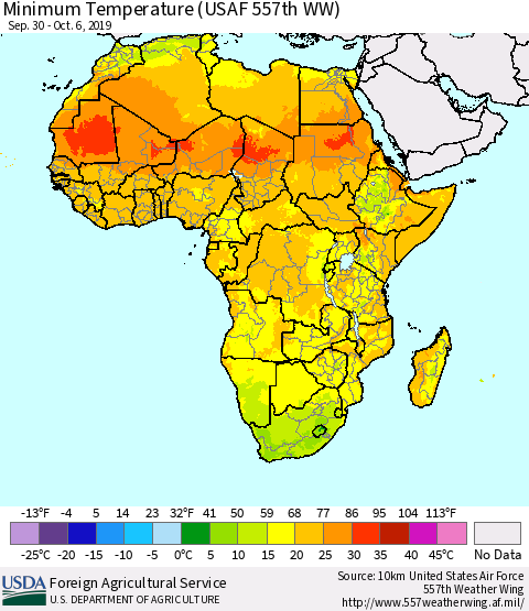 Africa Mean Minimum Temperature (USAF 557th WW) Thematic Map For 9/30/2019 - 10/6/2019