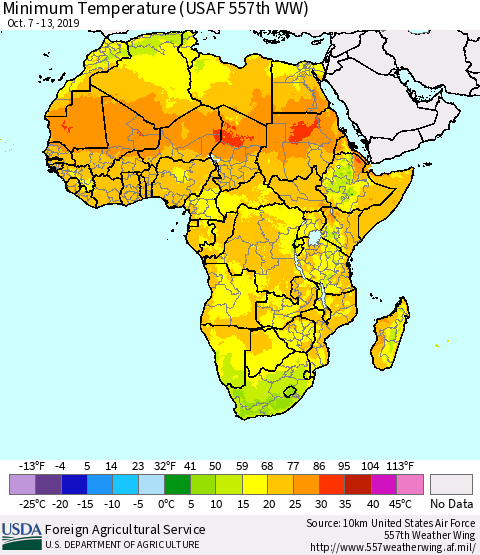 Africa Mean Minimum Temperature (USAF 557th WW) Thematic Map For 10/7/2019 - 10/13/2019