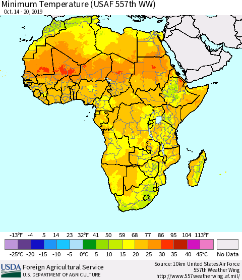 Africa Mean Minimum Temperature (USAF 557th WW) Thematic Map For 10/14/2019 - 10/20/2019